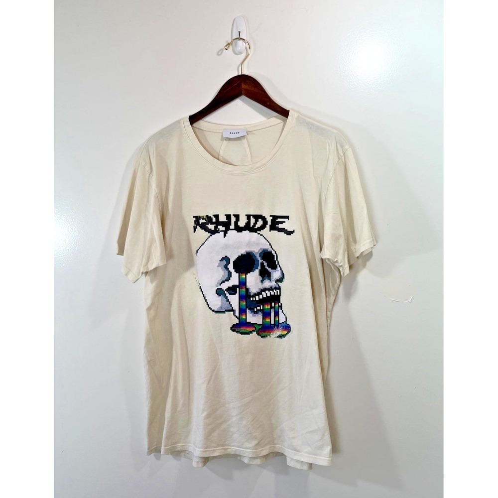 Rhude Mens Skull Graphic T Shirt Size M Beige Rainbow Streetwear High-end Casual